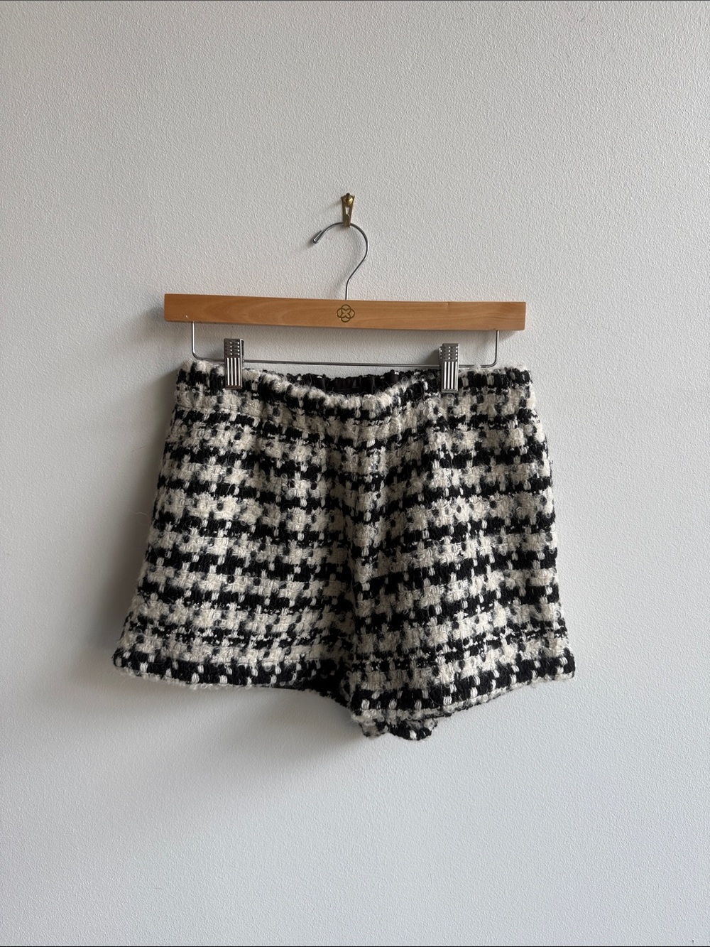 High-Waist Black & White Houndstooth Tweed Shorts